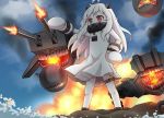  1girl ahoge astrot_(zwd4310100) covered_mouth dress enemy_aircraft_(kantai_collection) firing highres horns kantai_collection long_hair machinery mittens northern_ocean_hime red_eyes shinkaisei-kan turret white_dress white_hair white_skin 