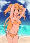  1girl :d armpits arms_up beach bikini blonde_hair blush breasts fang green_eyes idolmaster idolmaster_cinderella_girls jougasaki_rika long_hair looking_at_viewer nesume open_mouth sketch small_breasts smile solo swimsuit two_side_up 