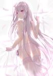  1girl ass backboob bangs blunt_bangs blush bra braid breasts emilia_(re:zero) flower from_behind garter_straps gloves hair_flower hair_ornament highres levi9452 long_hair looking_at_viewer looking_back medium_breasts panties pink_bra pink_gloves pink_hair pink_legwear pink_panties pointy_ears re:zero_kara_hajimeru_isekai_seikatsu solo standing thigh-highs underwear underwear_only very_long_hair violet_eyes 