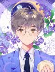  1boy bangs baozi black_necktie blazer blue_jacket blush brown_eyes card_captor_sakura closed_mouth collared_shirt crescent dangmill eyebrows eyebrows_visible_through_hair floral_background food full_moon glasses grey_hair hair_between_eyes holding holding_food jacket leaf light_particles long_sleeves looking_at_viewer male_focus moon necktie partially_colored petals plant portrait purple_flower school_uniform shirt smile solo star star-shaped_pupils star_(sky) symbol-shaped_pupils tsukishiro_yukito uniform upper_body vines visible_air white_background white_shirt 
