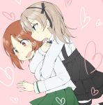  2girls brown_eyes brown_hair gedou_(ge_ge_gedou) girls_und_panzer hug hug_from_behind long_hair multiple_girls nishizumi_miho pantyhose school_uniform serafuku shimada_arisu short_hair striped striped_legwear suspenders twintails 