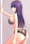  1girl aaabbbccccc ass bangs black_bra black_panties blue_eyes blunt_bangs bra breasts butt_crack cowboy_shot from_side large_breasts long_hair looking_at_viewer mole mole_under_eye panties profile purple_hair shuumatsu_no_harem solo suou_mira underwear 