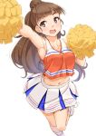  1girl :d armpits brown_hair cheerleader eyebrows idolmaster idolmaster_cinderella_girls kamiya_nao long_hair midriff miri_(ago550421) navel open_mouth pom_poms ponytail red_eyes smile solo sweat thick_eyebrows 