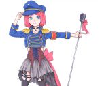  1girl adjusting_clothes adjusting_hat black_legwear black_skirt blue_eyes blue_hat corset epaulettes hat highres insignia kurumikko marker_(medium) microphone original pink_hair short_hair skirt solo standing thigh-highs traditional_media 