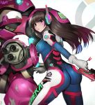  1girl acronym arm_cannon armor ass bangs bodysuit boots bracer breasts brown_eyes brown_hair charm_(object) closed_mouth d.va_(overwatch) doritos emblem eyelashes facepaint facial_mark from_back from_behind gatling_gun gloves gun headphones highres holding holding_gun holding_weapon logo long_hair long_sleeves looking_back mecha medium_breasts meka_(overwatch) overwatch pauldrons pilot_suit randy_(awesomevillage) shoulder_pads skin_tight solo swept_bangs thigh-highs thigh_boots thigh_strap weapon whisker_markings white_boots white_gloves 