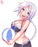  1girl :d adapted_costume artist_name ball bangs bare_shoulders beachball bikini bikini_top blue_eyes blush braid breasts collarbone dated head_tilt highres holding_ball kanon_(kurogane_knights) kantai_collection large_breasts long_hair looking_at_viewer navel open_mouth parted_bangs silver_hair simple_background single_braid skirt smile solo swimsuit umikaze_(kantai_collection) very_long_hair white_background 