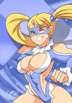  1girl ;d bigdead93 blonde_hair blue_eyes breasts cleavage cleavage_cutout evolution_championship_series grin highres large_breasts leotard long_hair mask one_eye_closed open_mouth rainbow_mika smile solo street_fighter street_fighter_v twintails 
