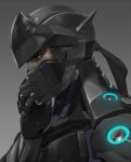  1boy armor bodysuit brown_eyes covered_mouth cyborg furrowed_eyebrows genji_(overwatch) headband helmet mask overwatch power_armor sae_(revirth) solo upper_body veil 