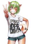  1girl ;) ;d animal_ears armpit_peek blue_shorts breasts clothes_writing contrapposto cowboy_shot cutoffs denim denim_shorts dog_ears dog_tail fangs furry green_eyes green_hair grin hand_on_hip head_tilt mascot one_eye_closed open_mouth original parted_lips shirt short_hair short_shorts shorts simple_background small_breasts smile solo t-shirt tail tareme tewatasanaiinu the_police thighs transparent_background v watch watch white_background white_shirt wokada 