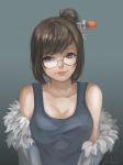  1girl absurdres black-framed_eyewear blue_eyes breasts brown_hair cleavage coat dated fur_trim glasses hair_bun hair_ornament hair_stick heart_in_eye highres large_breasts mei_(overwatch) open_clothes open_coat overwatch short_hair signature solo zone_(495805288) 