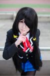  1girl black_hair black_legwear cosplay date_a_live pantyhose photo red_eyes school_uniform skirt tokisaki_kurumi twintails 