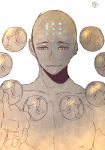  1boy artist_name bald bare_shoulders collarbone facial_mark forehead_mark futo_20 humanization looking_at_viewer male_focus monk monochrome open_mouth orb overwatch reaching reaching_out shirtless simple_background solo sphere spot_color upper_body white_background yellow_eyes zenyatta_(overwatch) 
