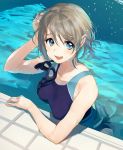  1girl blue_eyes blush breasts brown_hair competition_swimsuit goggles goggles_removed highres looking_at_viewer love_live! love_live!_sunshine!! onbr one-piece_swimsuit open_mouth partially_submerged pool poolside short_hair smile solo swimsuit watanabe_you 