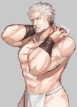  1boy beard earrings facial_hair fundoshi granblue_fantasy grey_background haneten_kagatsu japanese_clothes jewelry looking_at_viewer male_focus manly muscle old_man ponytail solo soriz white_hair 