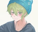  1boy amami_rantarou bangs beanie blue_headwear blush closed_mouth collarbone commentary_request dangan_ronpa_(series) dangan_ronpa_v3:_killing_harmony earrings green_eyes green_hair hair_between_eyes hat jewelry looking_at_viewer male_focus necklace porary shiny shiny_hair shirt short_hair simple_background smile solo striped striped_shirt upper_body white_background 