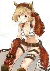  1girl :o ao_(aocooler) belt bikini blonde_hair border breasts brown_eyes cleavage djeeta_(granblue_fantasy) fake_horns front-tie_top gauntlets granblue_fantasy groin hairband hand_in_hair heavy_breathing horns looking_away looking_to_the_side ogre_(granblue_fantasy) open_mouth short_hair simple_background sitting solo sweat swimsuit thigh_strap white_background zebra_print 