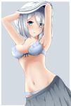  1girl armpits arms_up blue_bra blue_eyes blue_panties bra breasts commentary_request eyebrows eyebrows_visible_through_hair eyes_visible_through_hair grey_background hair_between_eyes hair_ornament hair_over_one_eye hairclip hamakaze_(kantai_collection) highres kantai_collection looking_at_viewer navel panties pleated_skirt ranju_aira short_hair simple_background skirt underwear undressing white_hair 