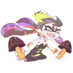  1girl aori_(splatoon) black_hair detached_collar earrings fangs food food_on_head gloves jewelry kinoko_no_yama object_on_head official_art pointy_ears short_jumpsuit simple_background solo splatoon tentacle_hair white_background white_gloves 