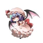  1girl ascot bat_wings blush brooch chibi fang frilled_shirt frilled_sleeves frills full_body hat hat_ribbon highres jewelry lavender_hair looking_at_viewer mob_cap parted_lips pink_shirt pink_skirt ponta_(wwtaimeww) red_eyes red_ribbon remilia_scarlet ribbon shirt short_hair skirt skirt_set smile solo touhou wings 
