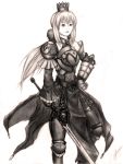  1girl absurdres armor breastplate breasts closed_mouth cowboy_shot crown dazzle_(shinkonryu) gauntlets greaves highres holding holding_sword holding_weapon knee_pads large_breasts long_hair looking_at_viewer maridah maridah_(dazzle) monochrome original saber saber_(cosplay) simple_background smile solo standing sword unsheathed weapon white_background wide_sleeves 
