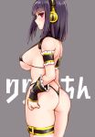  1girl arm_garter ass bangs beatmania beatmania_iidx bikini black_bikini black_hair blunt_bangs blush breasts grey_background headphones hinazuki_ririna large_breasts looking_at_viewer mironomeo red_eyes short_hair simple_background smile solo swimsuit thigh_strap 