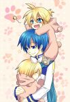  blonde_hair blue_eyes butterfly child chirota fang hair_ribbon holding kagamine_len kagamine_rin kaito ribbon scarf sleeping smile vocaloid young 