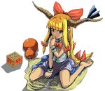  barefoot beans blonde_hair gourd hair_ribbon horns ibuki_suika mamemaki masu oekaki peeing pointy_ears ribbon sake satetsu setsubun sitting solo spill tears touhou wetting 