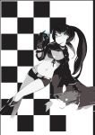  bikini_top black_hair black_rock_shooter black_rock_shooter_(character) checkered glowing glowing_eyes hoodie hotpants monochrome sakura_sora short_shorts shorts solo twintails uneven_twintails zipper 