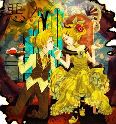  blonde_hair blood blue_eyes cake crown dress flower food formal hair_ornament hair_ribbon hairclip highres jewelry kagamine_len kagamine_rin kneeling miha pastry plate ribbon rose short_hair siblings twins vocaloid 