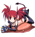 choker demon_girl disgaea elbow_gloves etna feet flat_chest gloves highres kakki kakki_(pixiv4742) kakkii miniskirt on_stomach pillow pointy_ears prinny red_eyes red_hair redhead skirt succubus tail tail_raised thigh-highs thighhighs twintails wings