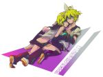  aqua_eyes blonde_hair brother_and_sister butt_crack eitamu_(pixiv45223) girl_on_top hair_ribbon hand_holding headphones holding_hands incest kagamine_len kagamine_rin lying mattie migikata_no_chou_(vocaloid) on_back ribbon shorts siblings twincest twins vocaloid 