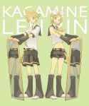  blue_eyes hair_ribbon headphones highres kagamine_len kagamine_rin midriff mirror navel ribbon sachio short_hair shorts siblings smile twins vocaloid 