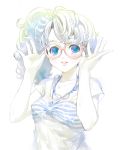  adjusting_glasses blue_eyes blush bust curly_hair glasses hands jewelry joe_sage lips messy_hair necklace original sage_joh side_ponytail solo striped t-shirt wet_clothes white_hair 