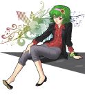  barefoot casual contemporary flower green_hair hairband hands highres kazami_yuuka plaid_shirt red_eyes shoe_dangle shoes short_hair sleeves_pushed_up sunflower touhou ww90055 