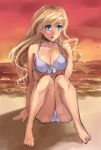  barefoot beach bikini blonde_hair blue_eyes enomoto_kei feet front-tie_top hatsukoi_limited long_hair shimaji sitting sunset swimsuit 