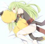  belt blush boots c.c. cc cheese-kun code_geass detached_sleeves fetal_position gloves green_hair hat high_heels hug kl long_hair lying on_side pizza_hut shoes solo thigh-highs thigh_boots thighhighs yellow_eyes 