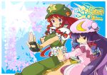  china_dress chinadress chinese_clothes fighting_stance fingerless_gloves gloves hat hong_meiling long_hair nanasuke patchouli_knowledge purple_eyes purple_hair red_hair redhead touhou tsurime twin_braids violet_eyes 