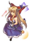  adult blonde_hair bow breasts chain chains dress from_above hair_bow horns ibuki_suika jonylaser long_hair looking_up red_eyes solo touhou 