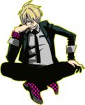  aarue blazer blonde_hair checkered checkers cigarette formal grin male necktie one_piece sanji short_hair simple_background smile solo suit 