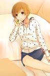  brown_eyes brown_hair cellphone hijiri_ruka hoodie persona persona_4 phone polka_dot satonaka_chie short_hair skirt talking_on_phone tomboy 