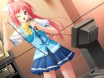  fukunaga_midori game_cg imouto_watashi_donna_koto_datte... karaoke long_hair monitor ponytail purple_eyes red_hair redhead salute school_uniform singing violet_eyes wink 