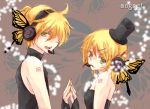  blonde_hair butterfly_wings green_eyes hair_ornament hairclip hat headphones headset kagamine_len kagamine_rin magnet_(vocaloid) mini_top_hat nail_polish open_mouth rui_(pixiv352322) ruirui69 short_hair siblings symmetrical_hand_pose top_hat twins vocaloid wings 