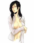  bad_id black_hair blush breasts brown_eyes cleavage dress_shirt glasses large_breasts open_clothes open_shirt original shirt 