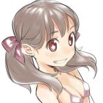  +_+ bikini bow brown_hair character_request face grin hair_bow poporon red_eyes smile solo star swimsuit twintails 