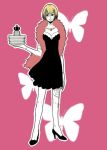 bad_id black_dress blonde_hair boa butterfly cindry crown dress feather_boa high_heels jewelry necklace one_piece plate shoes short_hair solo stitches victoria_cindry 