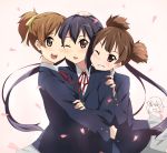  :d black_hair blazer brown_eyes brown_hair cheek-to-cheek cheek_to_cheek grin hair_ribbon hand_on_head hirasawa_ui hirasawa_yui hug k-on! long_hair multiple_girls nakano_azusa open_mouth red_eyes ribbon school_uniform short_hair skirt smile suzuki_jun twintails wink yokaze_japan 