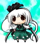  chibi dual_wield dual_wielding ghost hairband itsuku katana konpaku_youmu konpaku_youmu_(ghost) myon red_eyes short_hair solo sword touhou weapon white_hair 