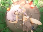  breasts cage food fruit headphones long_hair lying megurine_luka midriff navel on_back pink_hair sachio side_slit strawberry vocaloid 
