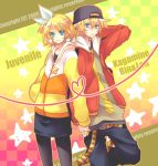  belt blonde_hair blue_eyes casual earrings hair_ornament hair_ribbon hairclip hat jewelry juvenile_(vocaloid) kagamine_len kagamine_rin pantyhose red_string ribbon riku-69 short_hair siblings skirt smile twins vocaloid 