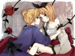  blue_eyes flower hair_ornament hair_ribbon hairclip iroha_uta_(vocaloid) japanese_clothes kagamine_len kagamine_rin ponytail ribbon rose sarashi short_hair siblings tama_(songe) twins vocaloid 